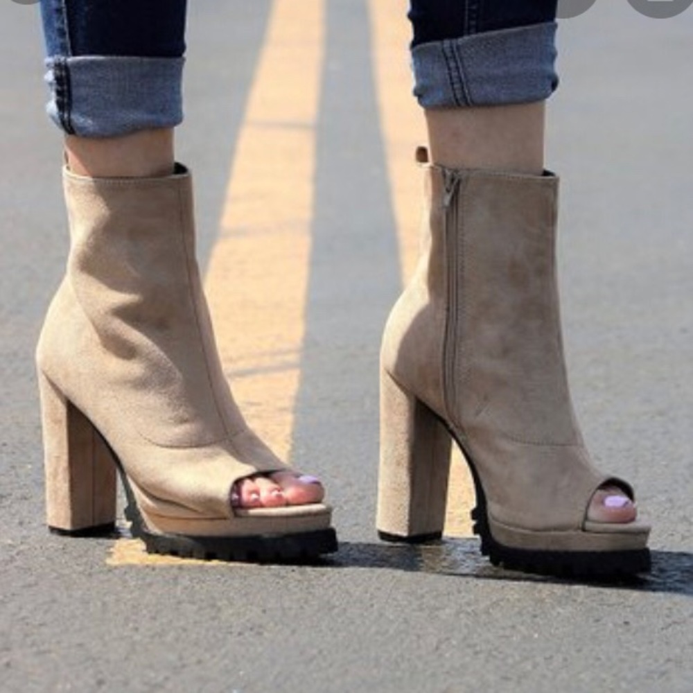 New olive open toe platform bootie